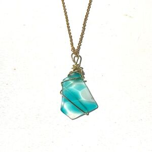 Hand Crafted 18k Gold Plated and Blue Wire-Wrapped Sea Glass Necklace
